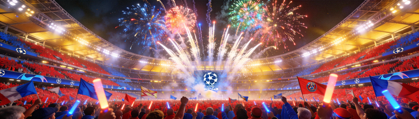 欧冠决赛赛场全景：烟花与球迷汇成的海洋
