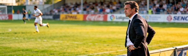 足球经理在场边指挥比赛，神情专注